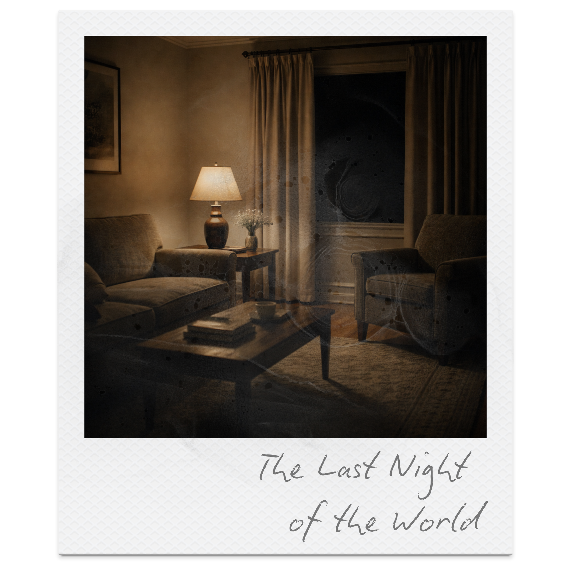 A dimly lit living room with a lamp on a side table, two upholstered armchairs, a coffee table with books and a bowl, a window with closed curtains, and a framed picture on the wall. The photo has a vintage Polaroid-style border with the handwritten 