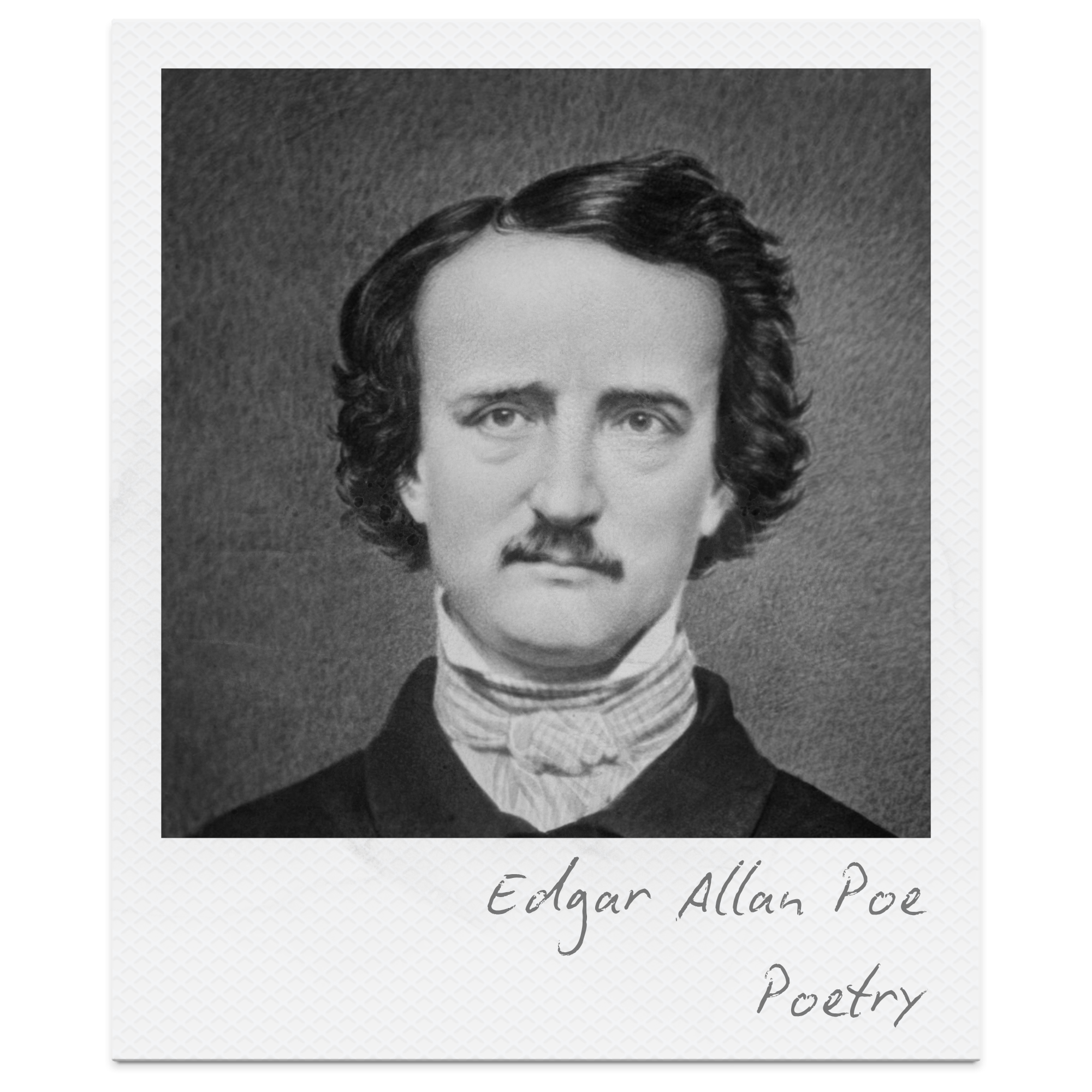 Black and white portrait of Edgar Allan Poe with handwritten text 'Edgar Allan Poe Poetry' at the bottom.