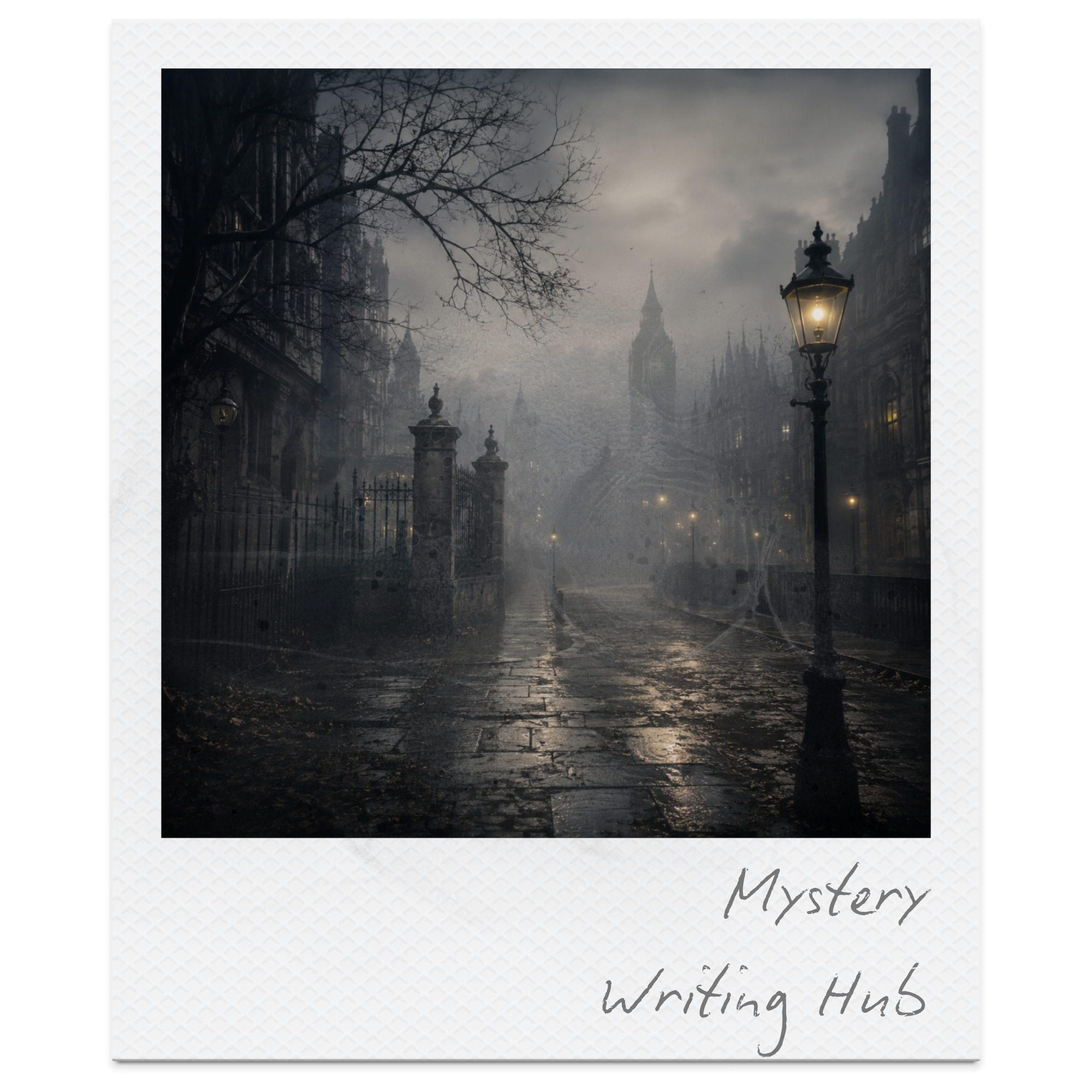 Dark, foggy street scene with leafless trees, old buildings, and street lamps, shrouded in mist, with Big Ben visible in the background, evoking a mysterious atmosphere.