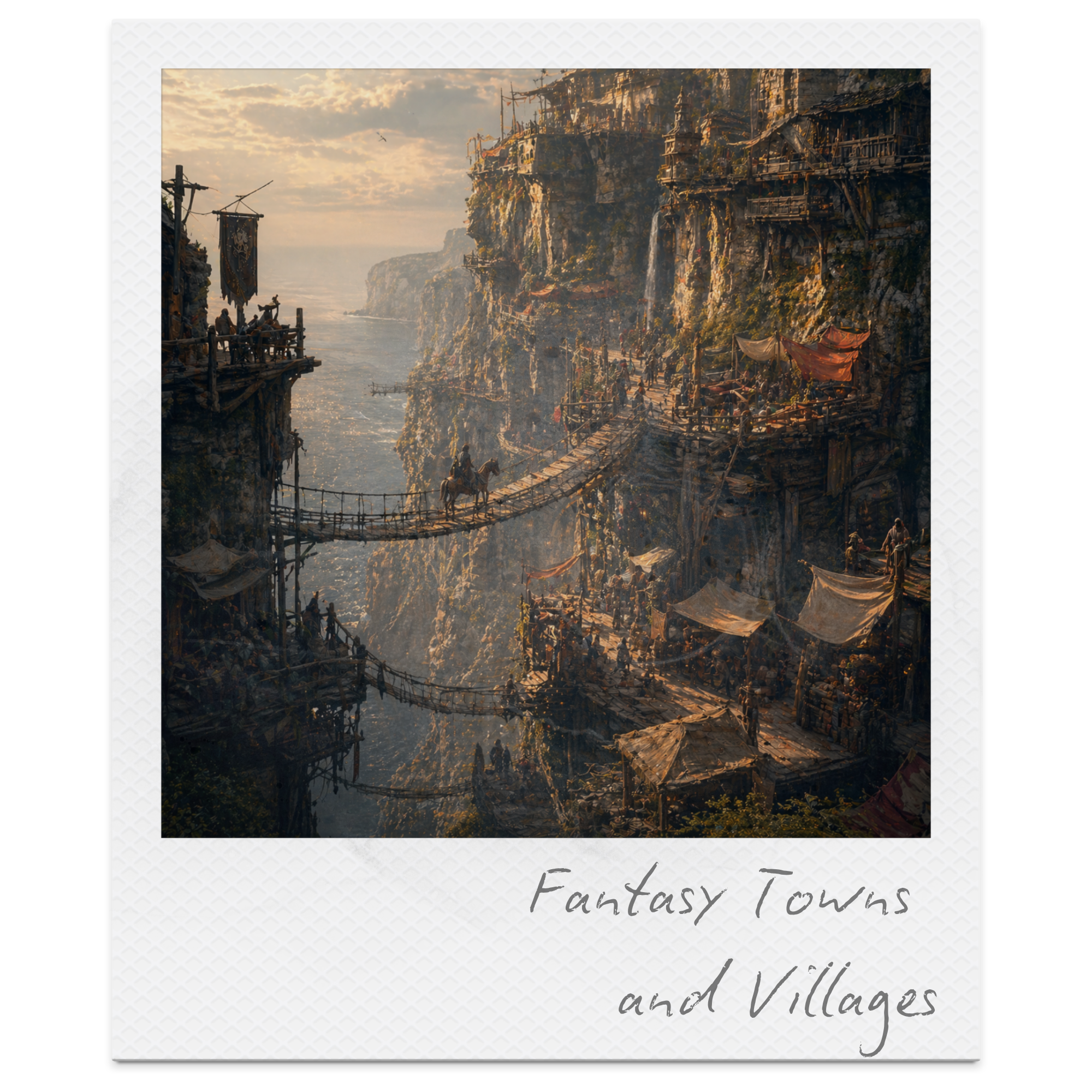Scene of a fantasy village built on cliffs along a seashore during sunset, with wooden houses, bridges, and waterfalls.