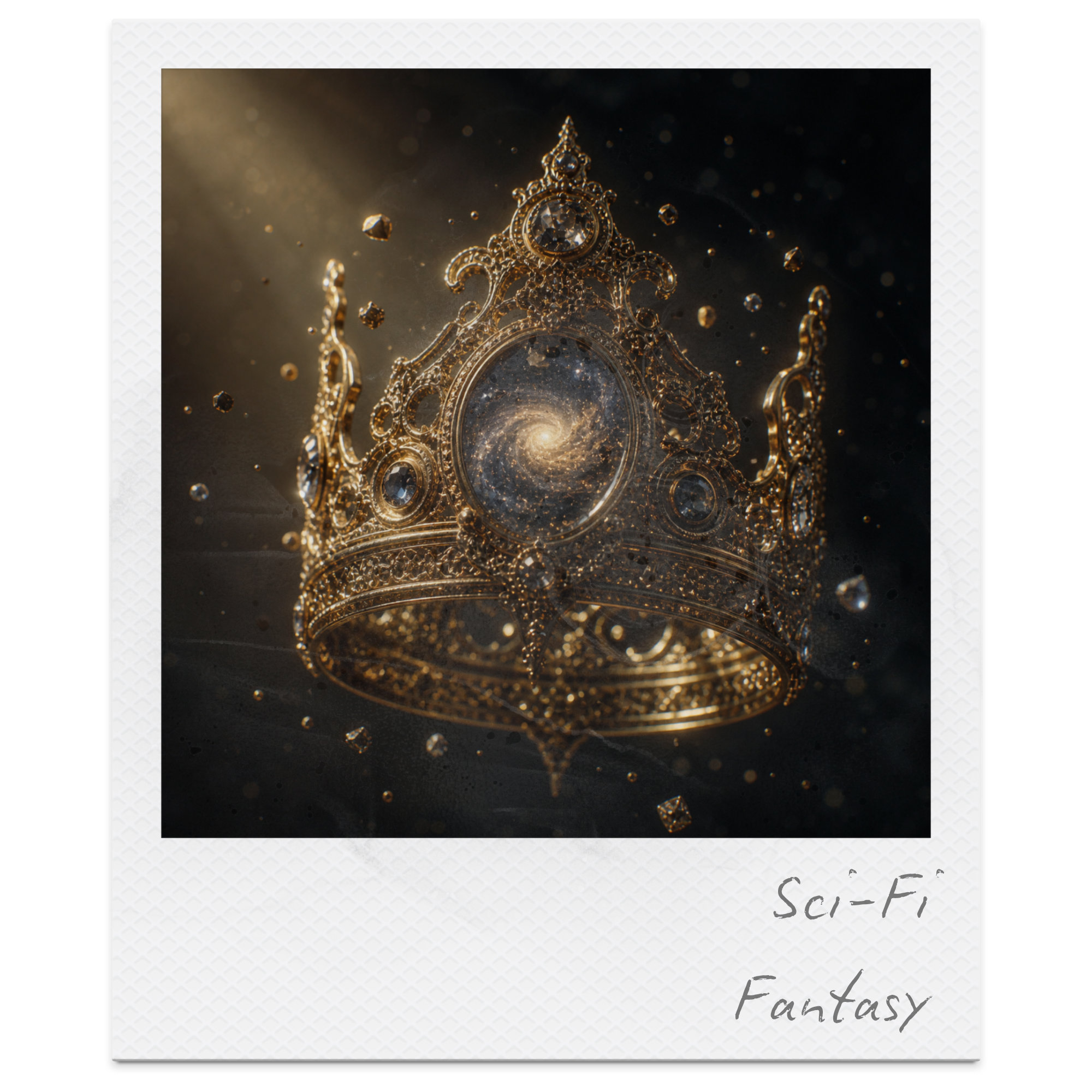 A spiral galaxy with a glowing center, surrounded by a golden ornate crown with gemstones, floating amid cosmic particles.
