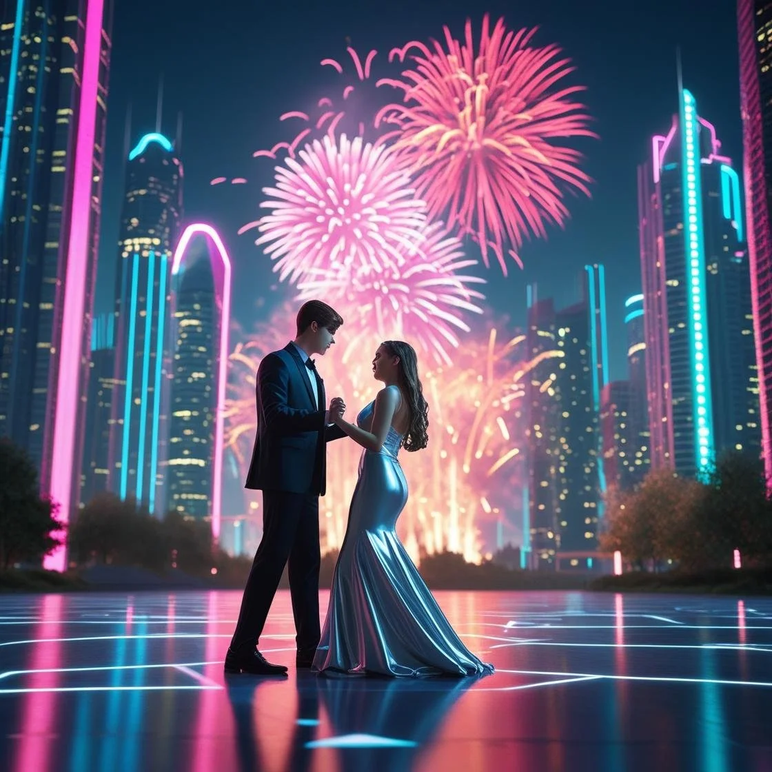 Photorealistic depiction of a prom night set in a futuristic cityscape with skyscrapers illuminated in neon; two 18-year-olds dancing nervously beneath fireworks, vibrant colors, glowing ambient lighting..jpg