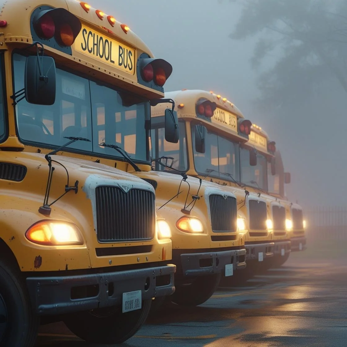 A row of school buses parked outside in early morning fog, headlights faintly glowing, muted colours, realistic detail..jpg