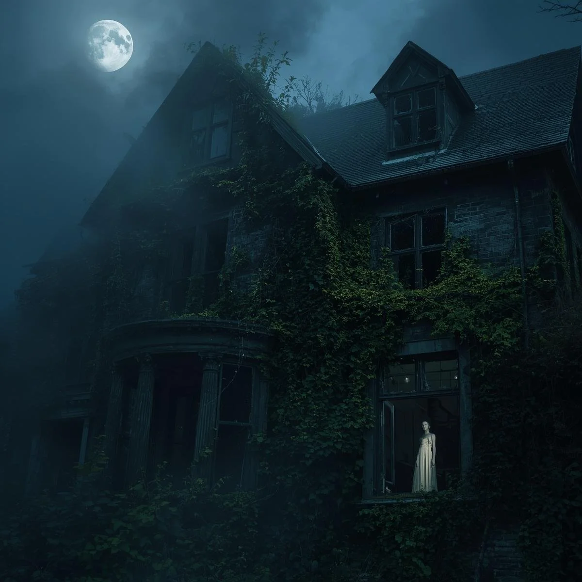 A decaying Victorian manor house at night, ivy climbing the stone walls, with broken and cracked glass windows. A pale female figure in a tattered floor-length gown is faintly visible behind the top floor window, h.jpg