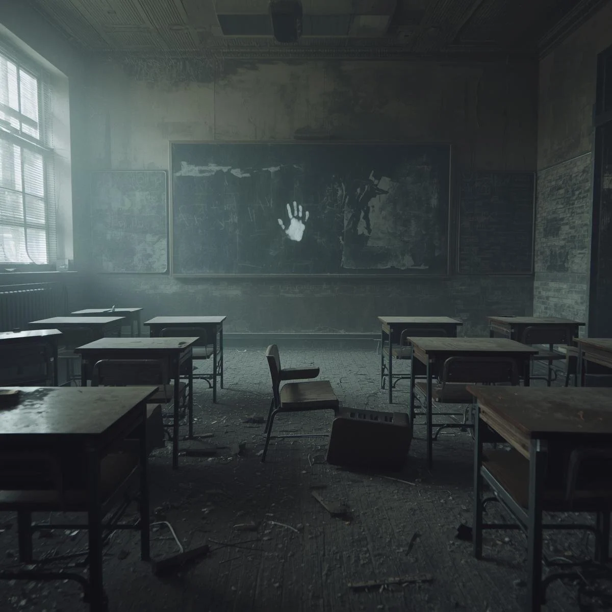 An abandoned classroom with wooden desks overturned and scattered across the floor, chalk dust covering everything. The chalkboard is smeared with faint writing that has been half-erased, and a glowing white child’.jpg