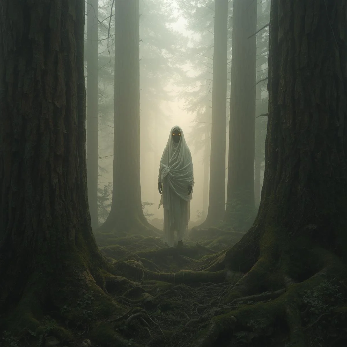 A dense forest at dawn, tall trees disappearing into a blanket of white fog. Between the trunks stands a translucent figure with hollow eyes, its body wrapped in ragged white cloth that drifts without wind. The gro.jpg