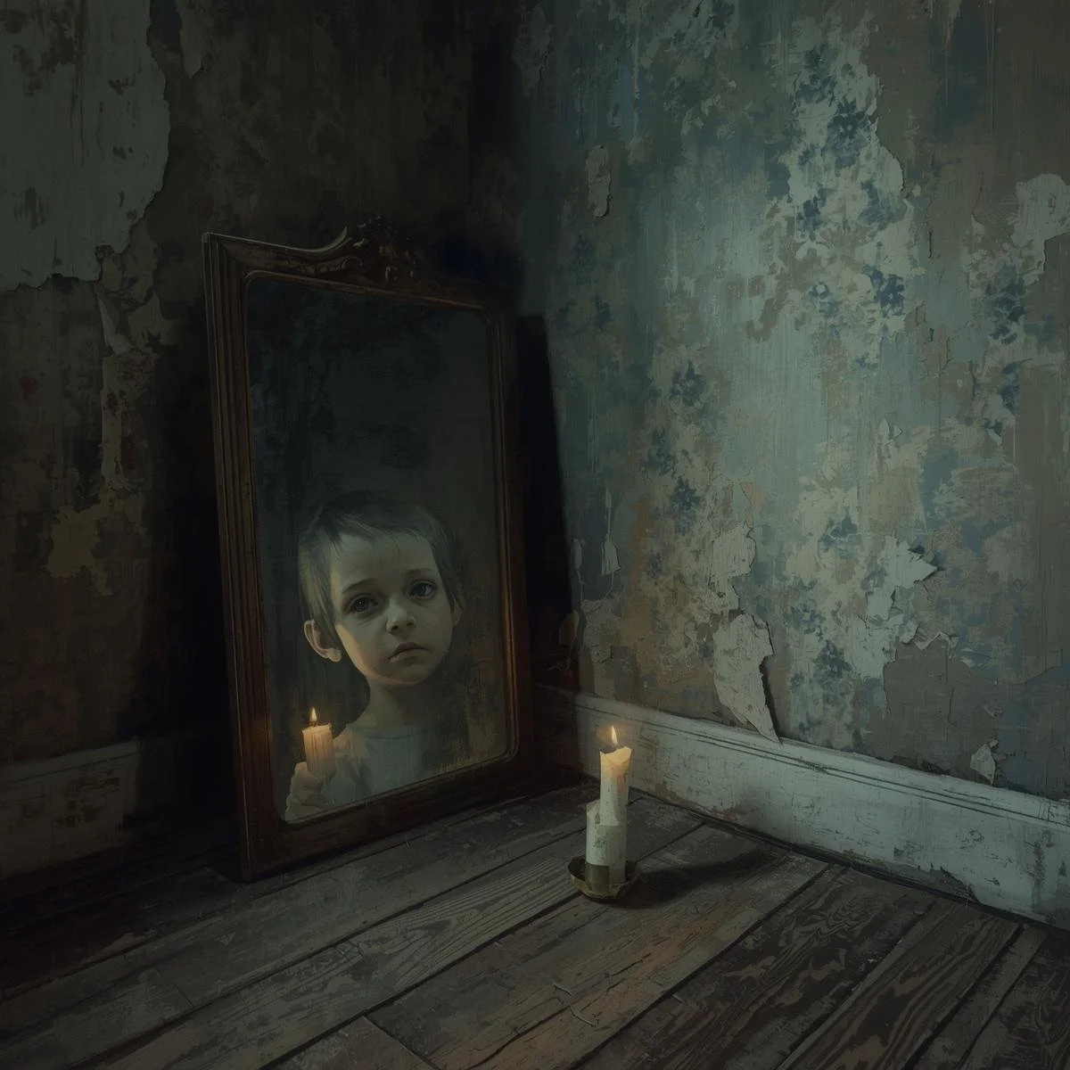 A dimly lit bedroom with peeling wallpaper and a cracked antique mirror standing against the wall. The mirror’s glass reflects a pale child with sunken eyes and expressionless face, though the child is not present .jpg