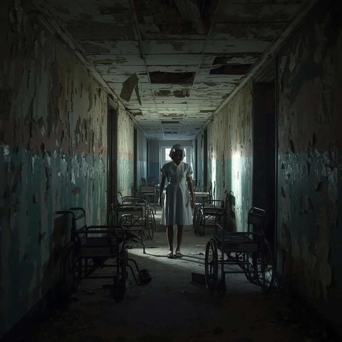 A long corridor inside an abandoned hospital, with paint peeling from the walls and broken ceiling tiles hanging loose. Wheelchairs and hospital beds are overturned along the sides of the hallway. At the far end st.jpg