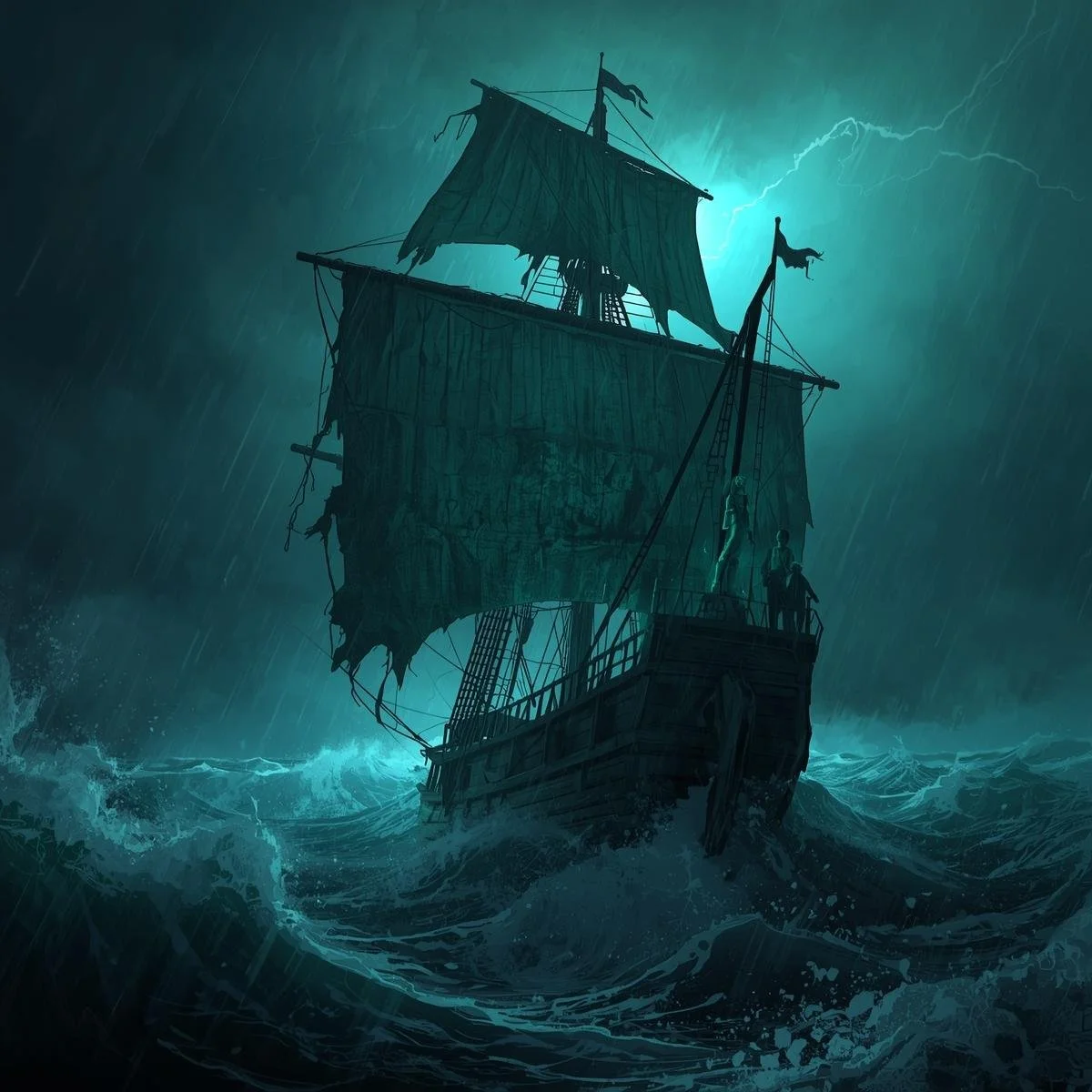 _A stormy ocean at night with huge crashing waves and lightning striking through the sky. An ancient wooden sailing ship glows faintly green as it moves across the water, its sails torn and shredded. On the deck, s.jpg