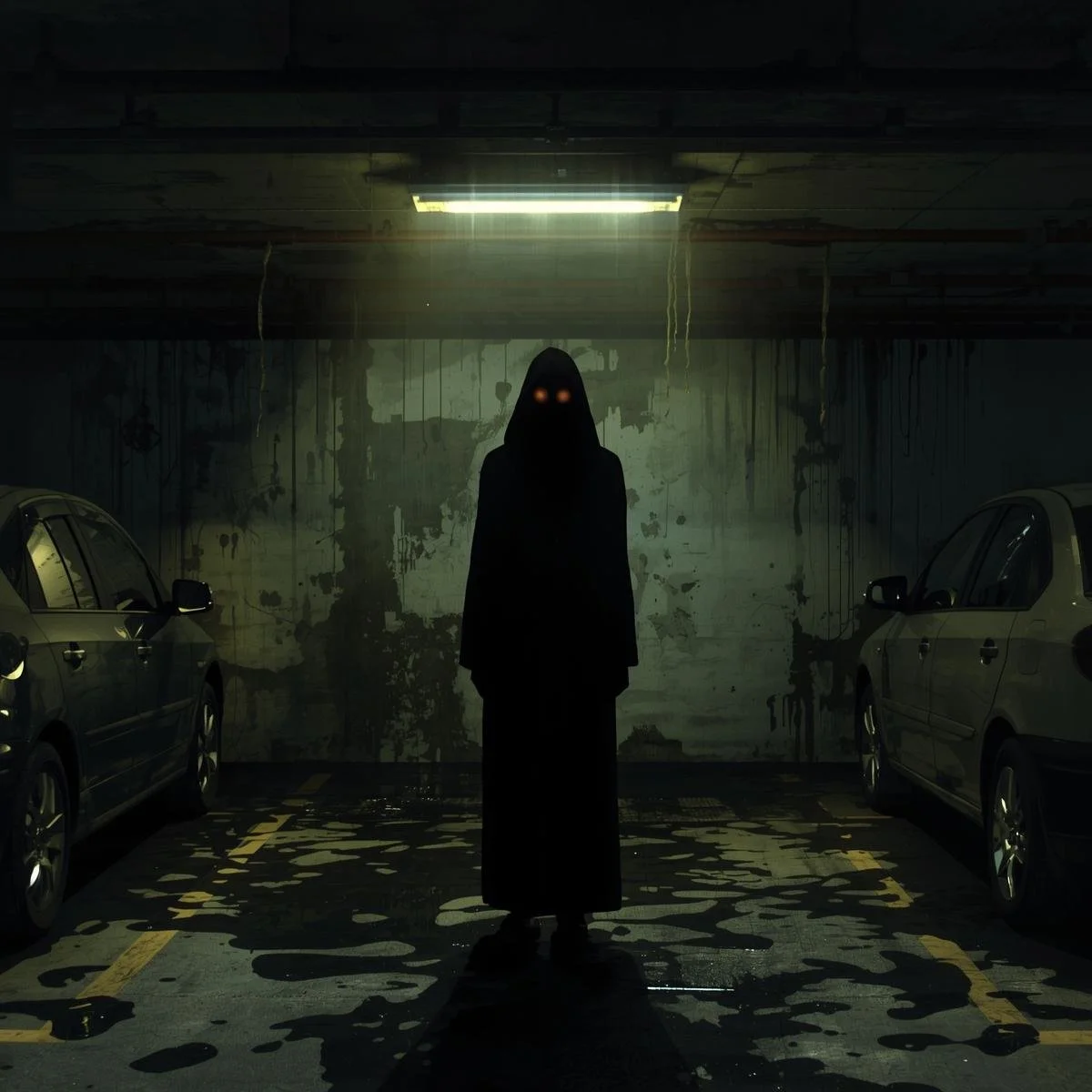 A dark underground car park lit by flickering fluorescent lights, with oil stains covering the concrete floor. Between two parked cars, a tall shadowy figure stands unnaturally still, its form blurred and its glowi.jpg