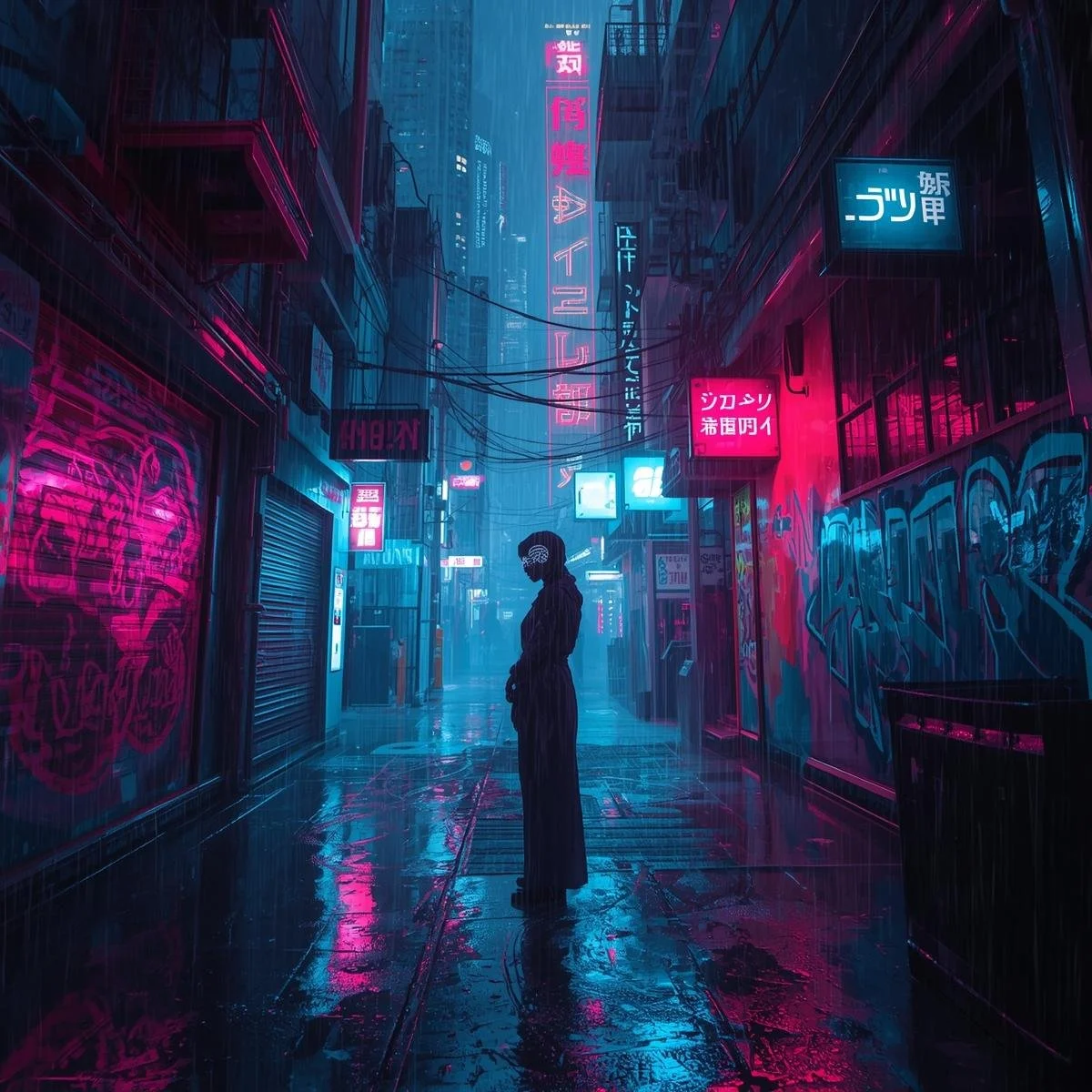 A neon-lit back alley in a futuristic city, rain pouring down, with glowing graffiti that seems to move and shift like it’s alive. A lone figure with cybernetic eyes stands in the shadows, watching..jpg