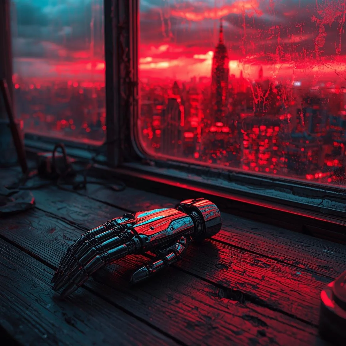 A sleek chrome prosthetic hand resting on a table, illuminated by a flickering neon sign outside the window. Reflected in the glass, a burning city skyline glows red. Cyberpunk vibe.jpg