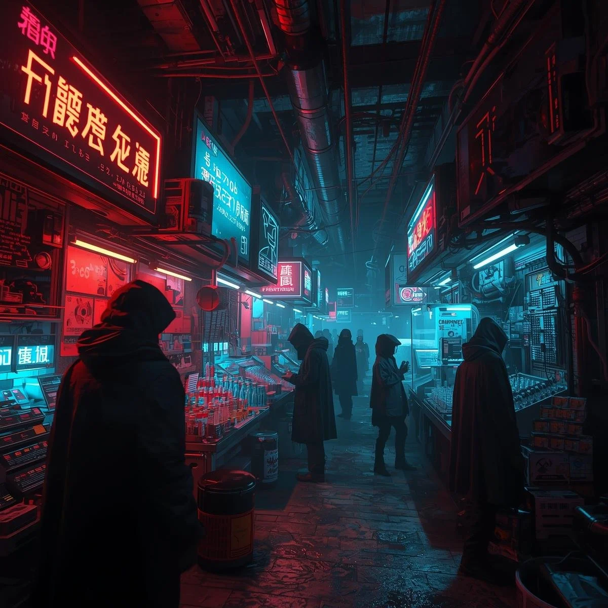 An underground market lit with holographic advertisements and neon strips. Stalls sell illegal implants, memory chips, and black-market tech, while hooded figures bargain in whispers. Cyberpunk vibe.jpg