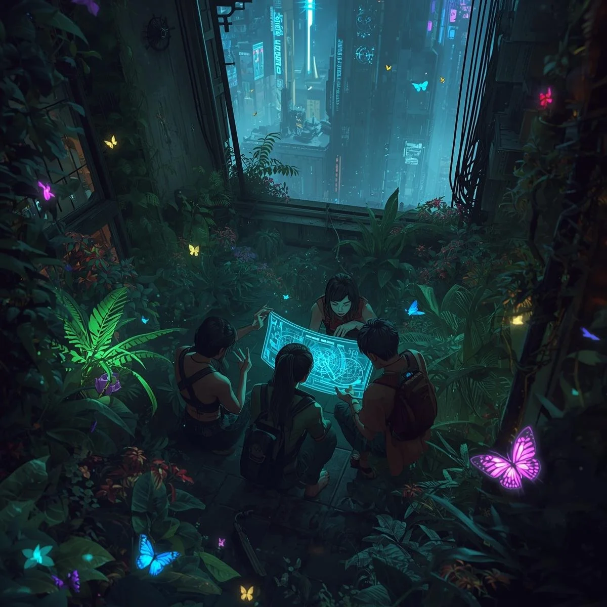 A rooftop garden hidden above the city, glowing with bioluminescent plants and neon butterflies. A small group of rebels meet in secret, their faces lit by the holographic blueprints spread before them. Cyberpunk v.jpg