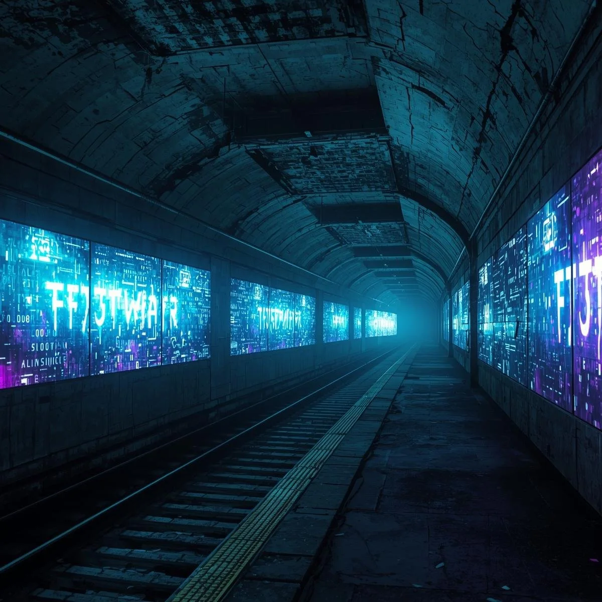 Cyberpunk vibe A subway station deep underground, the walls cracked and covered in digital graffiti. The screens along the platform show endless streams of static and cryptic symbols..jpg