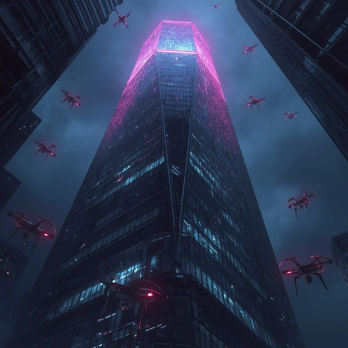 A towering corporate skyscraper at night, its glass walls glowing with pink and blue neon. Dozens of surveillance drones circle it like insects, their red lights blinking in the darkness. Cyberpunk vibe.jpg