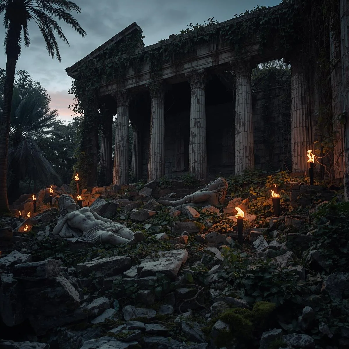 A ruined marble temple at twilight, half-buried in vines and moss, with broken statues of forgotten gods scattered among flickering torches that still burn despite the wind..jpg