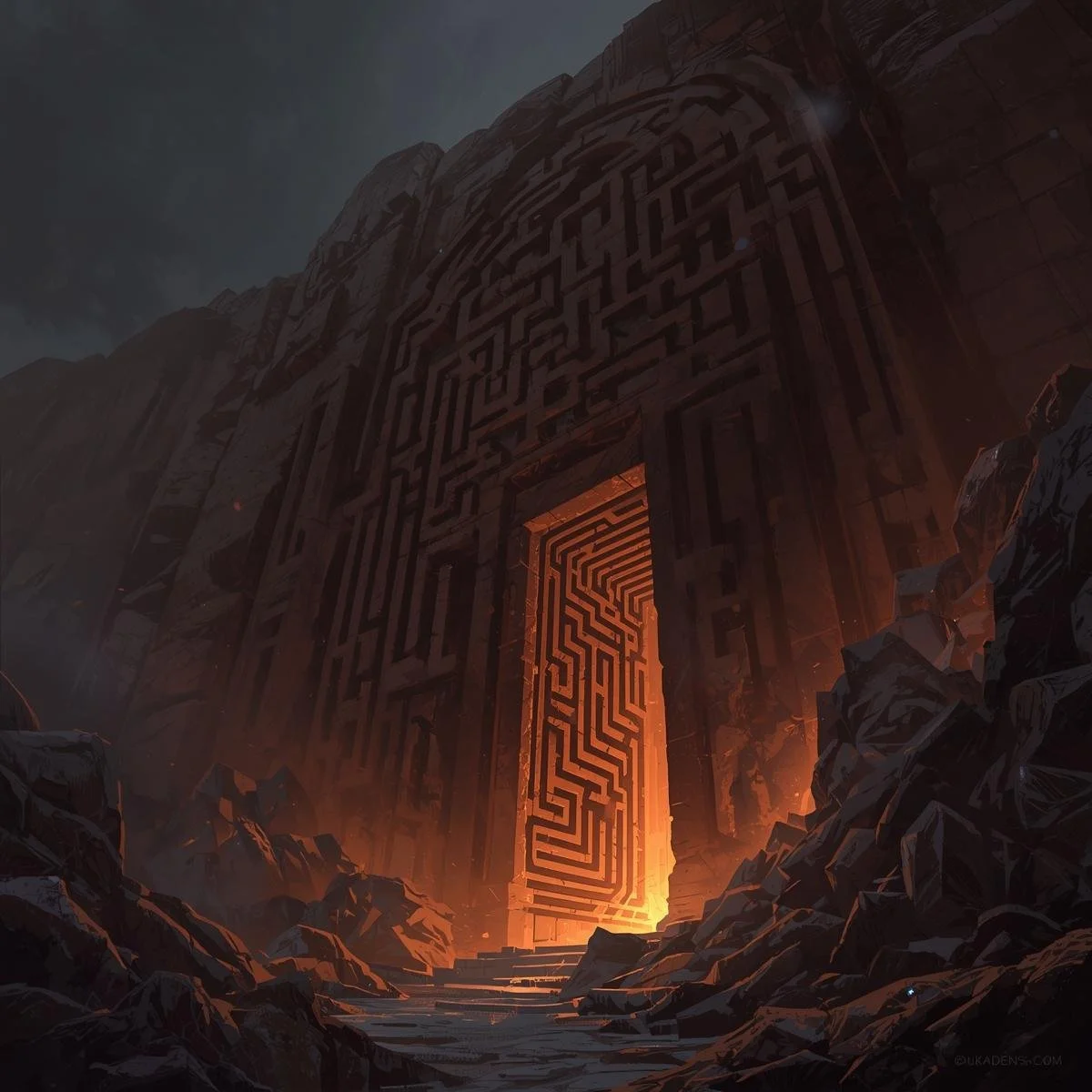 A colossal labyrinth entrance carved into a cliffside, lit by torches, with shifting shadows suggesting the walls inside are alive and moving..jpg