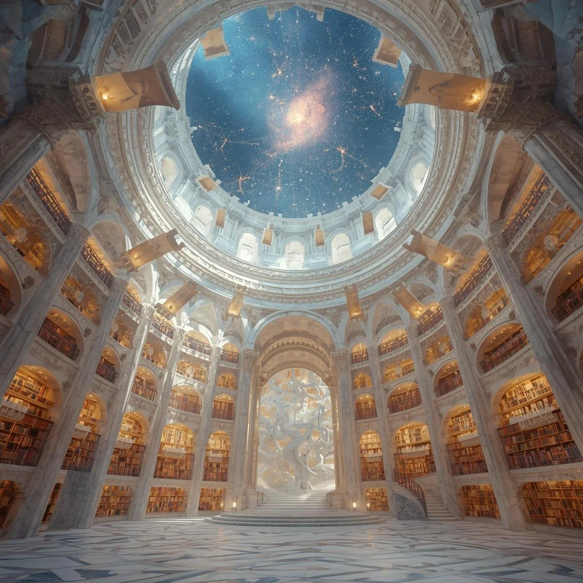 A celestial library carved from marble, filled with floating scrolls and glowing tomes suspended in mid-air, as constellations shimmer through the cracked dome ceiling..jpg