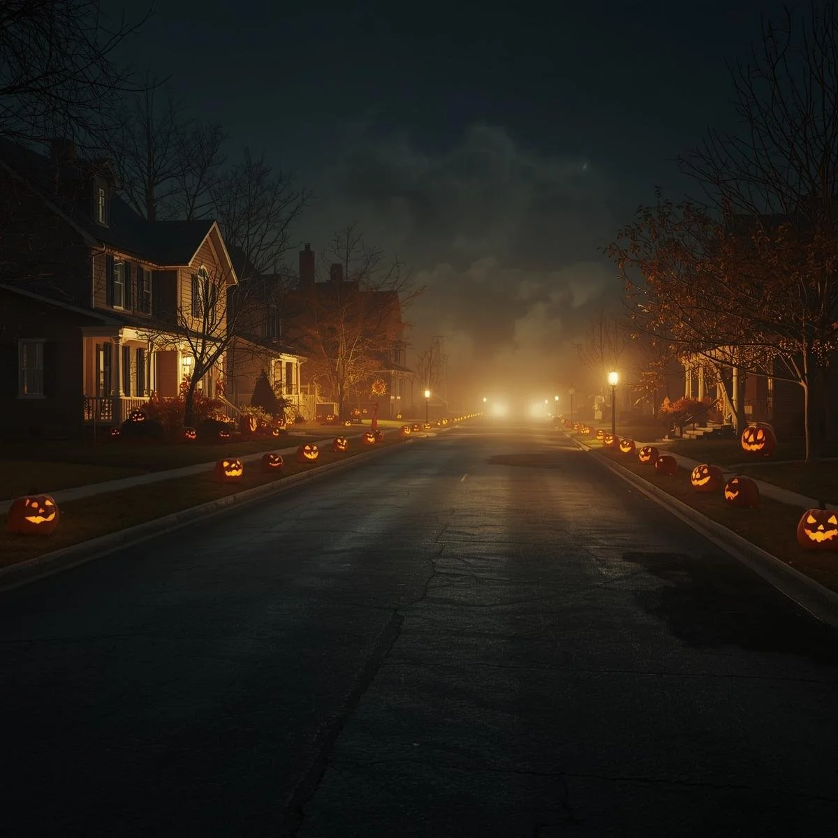 A deserted suburban street on Halloween night, lined with glowing jack-o’-lanterns. The houses are decorated but no trick-or-treaters are in sight, and fog rolls low along the pavement..jpg