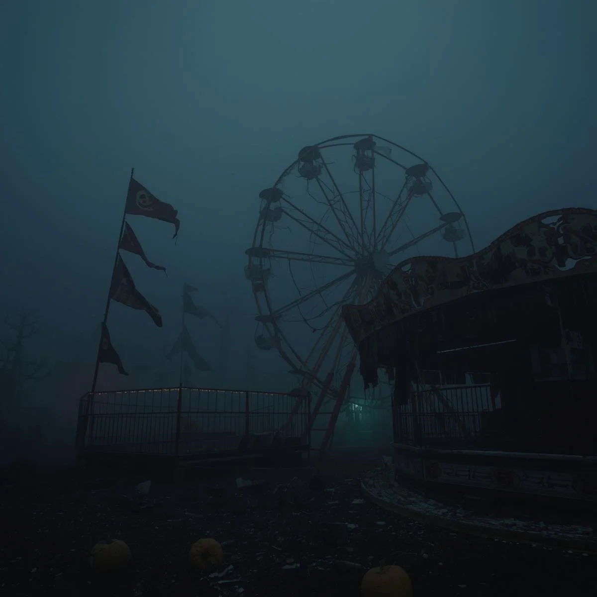 An abandoned halloween carnival at midnight, with broken rides still moving. A Ferris wheel glows faintly in the fog, while tattered banners flap in the wind above empty stalls..jpg