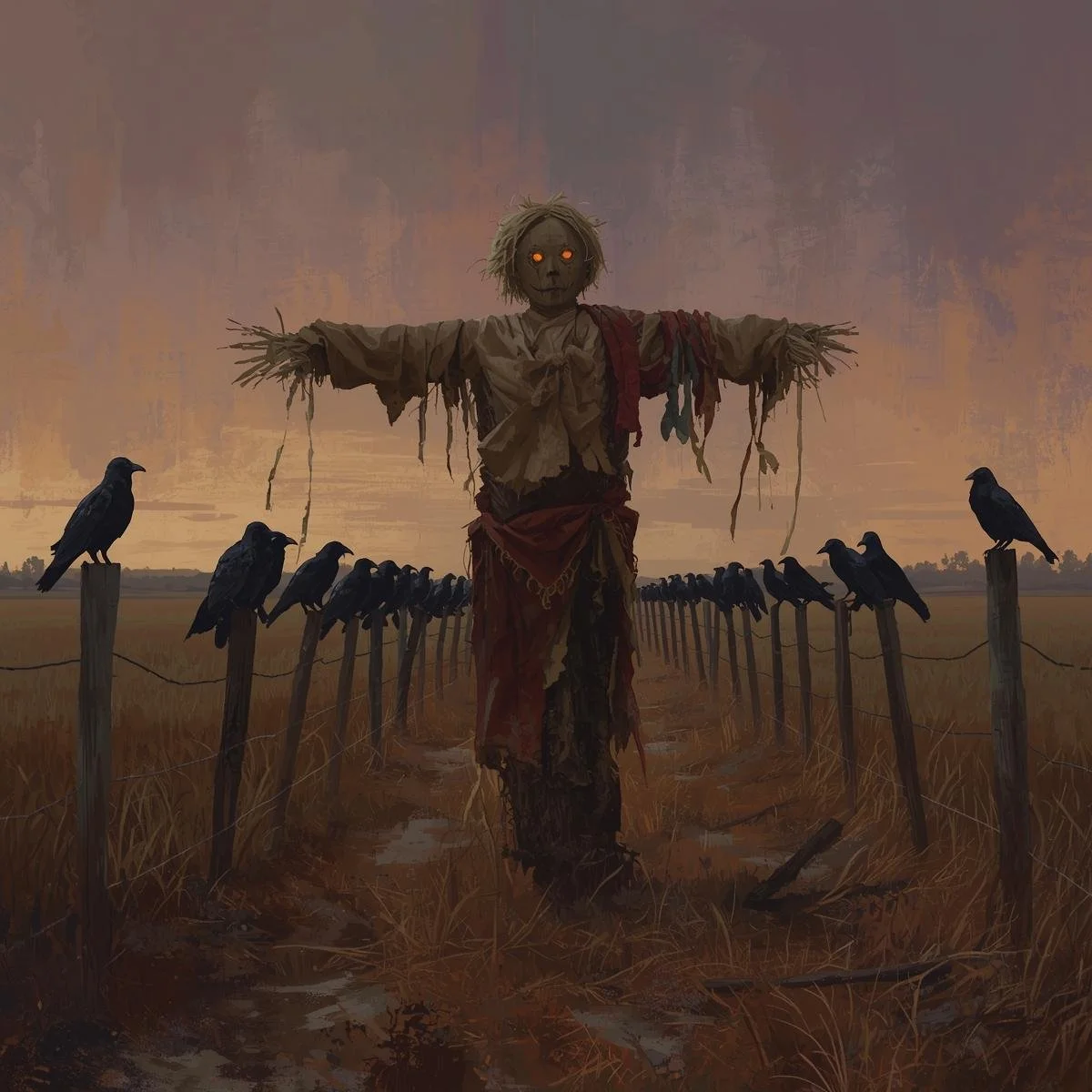 A scarecrow in the middle of a field at dusk, its glowing eyes fixed on the viewer. Torn clothes hang from its frame, and crows gather silently on the fence posts nearby..jpg