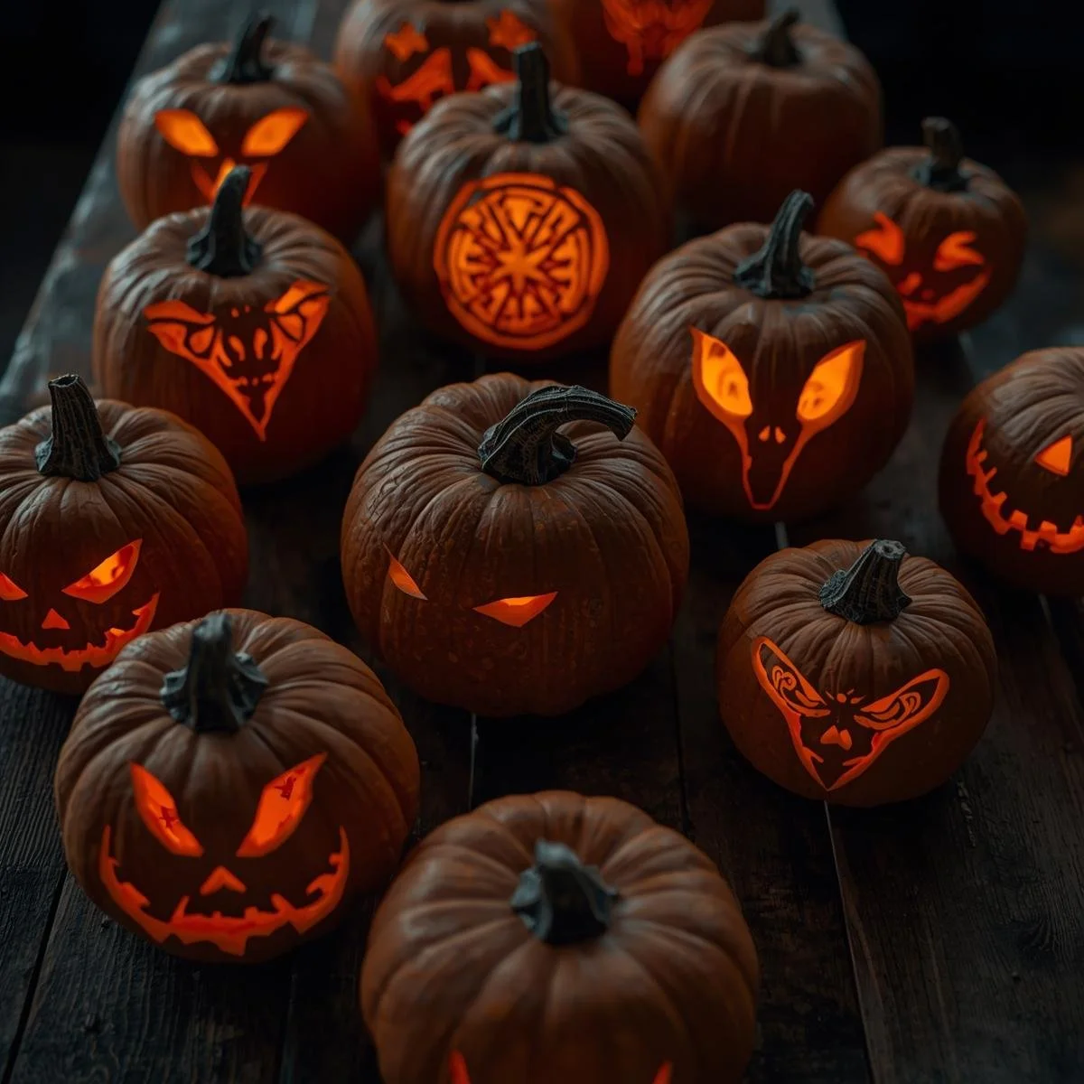 A table covered in pumpkins carved with strange, glowing symbols instead of faces..jpg
