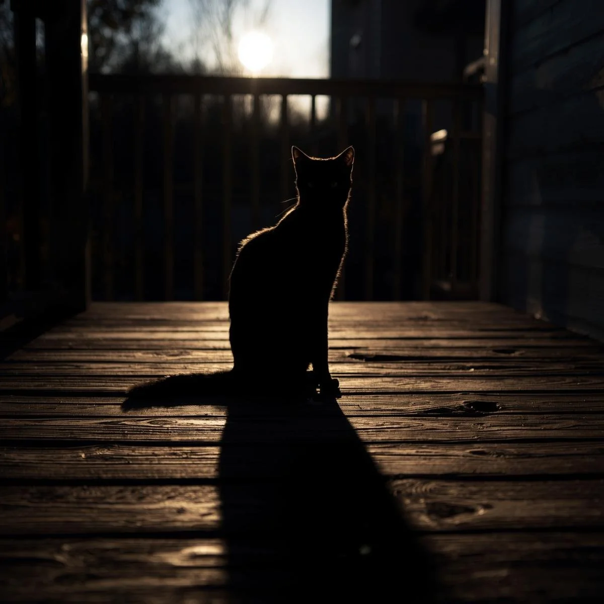 A black cat on a porch, but its shadow stretches like a human figure..jpg