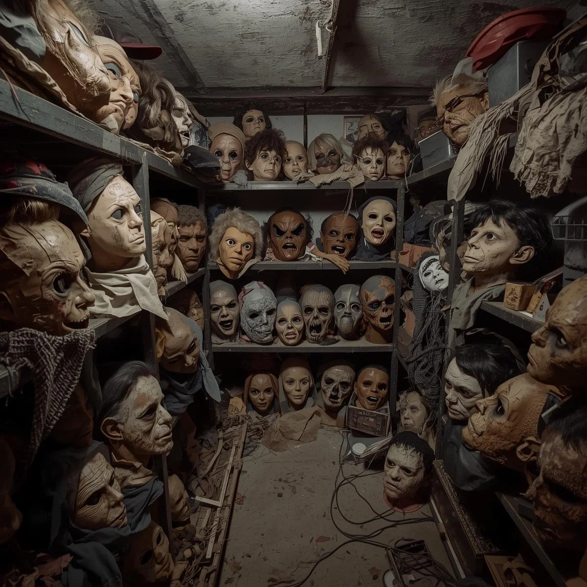 A suburban basement stacked with old Halloween masks that look disturbingly lifelike..jpg