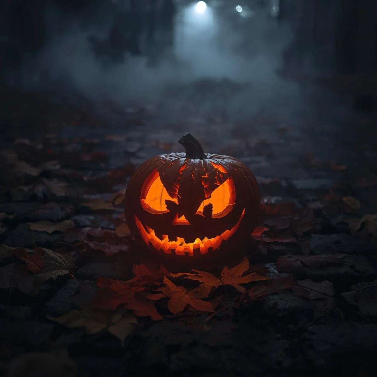 A shattered jack-o’-lantern glowing faintly in the middle of an abandoned cobblestone street at night, fog curling low to the ground, fallen autumn leaves scattered, faint orange light spilling from the cracks in i.jpg