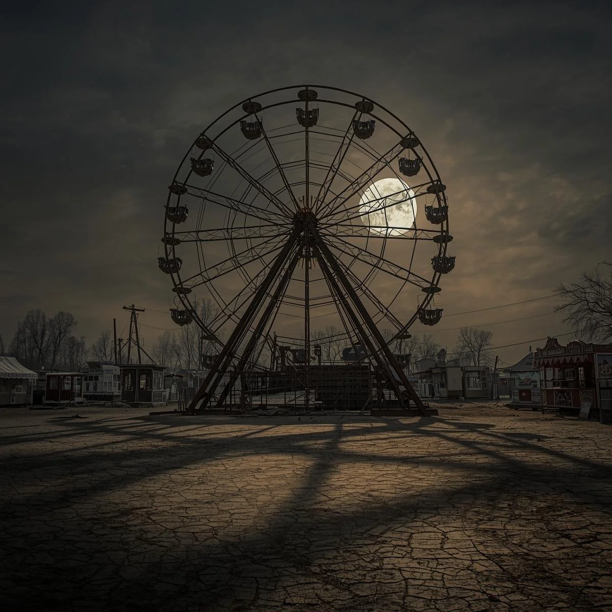 A rusted carnival Ferris wheel frozen under a full harvest moon, its lights flickering weakly, surrounded by empty fairground stalls, long shadows stretching across the ground..jpg