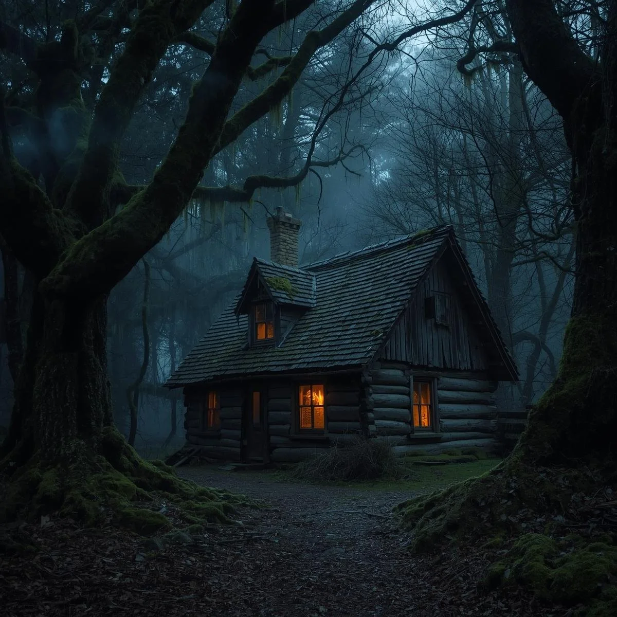 A crooked wooden cottage deep in the forest, windows glowing warmly with golden candlelight, no smoke rising from the chimney, mist hanging low between the trees..jpg