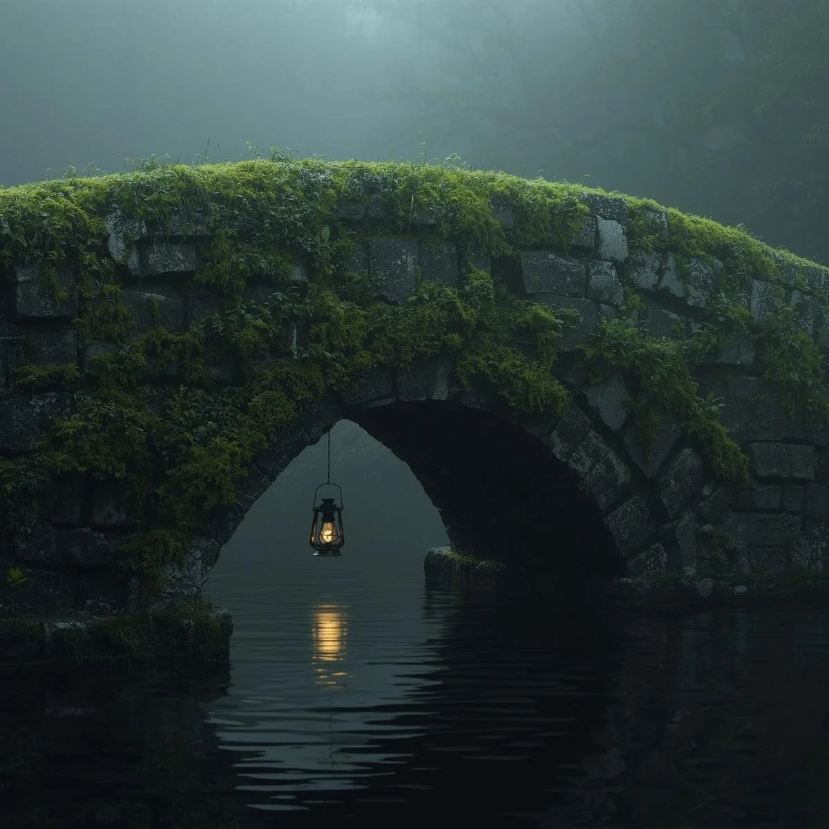 An old stone bridge covered in moss, shrouded in thick fog, lit only by a single hanging lantern casting a pale circle of light, the water below reflecting distorted shadows..jpg