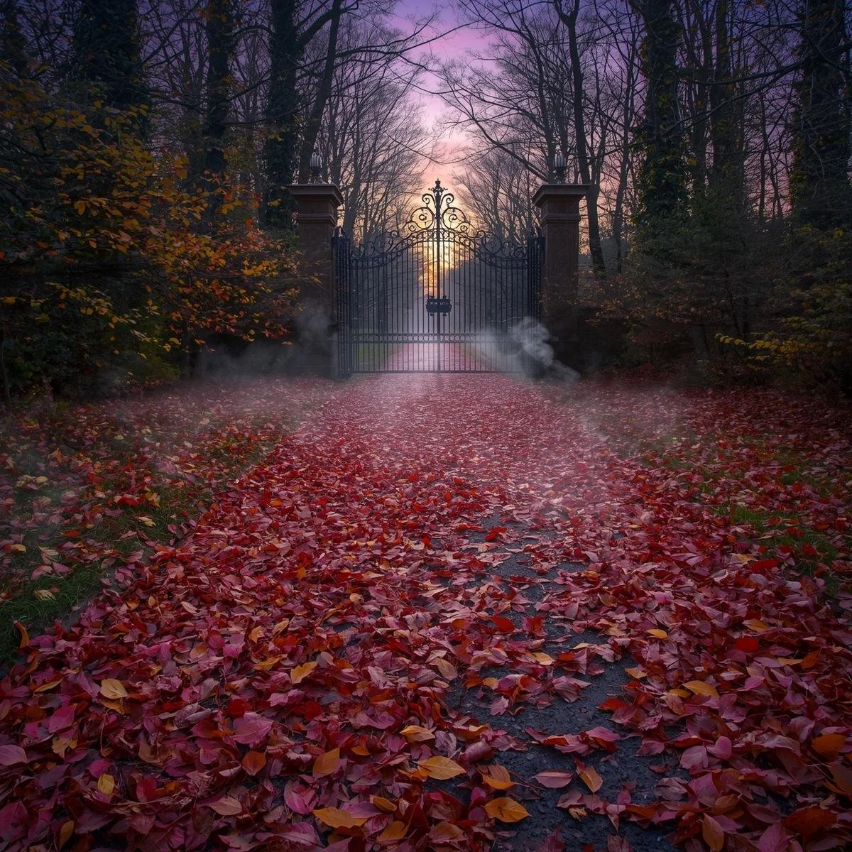 A winding forest path thick with crimson and gold leaves, leading to a wrought-iron gate that wasn’t there before, mist swirling around the posts, twilight sky fading above..jpg