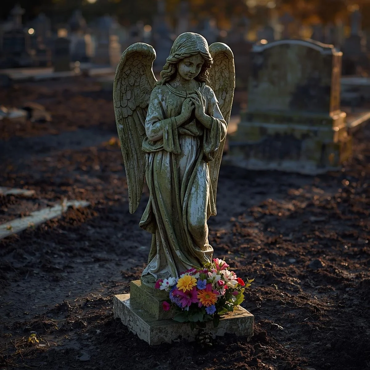 A weathered angel statue in a graveyard, marble streaked with moss, fresh flowers laid at its feet despite no footprints in the mud, shadows stretching long from the setting sun..jpg