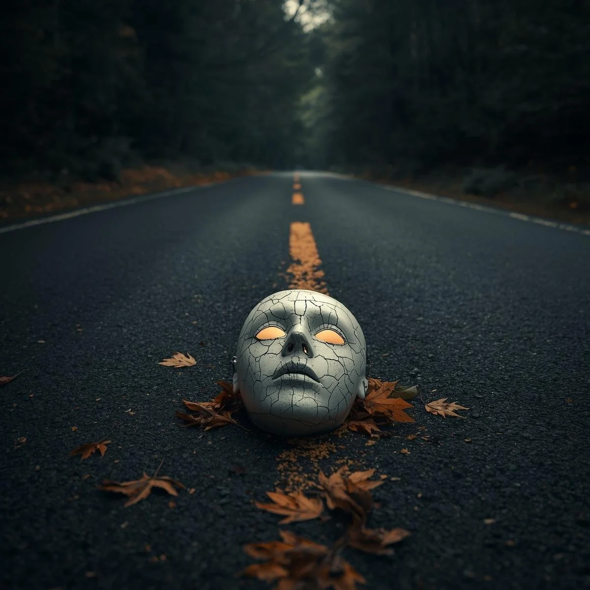 A cracked porcelain mask lying in the middle of a deserted road, its empty eye sockets glowing faintly, fallen leaves caught around it, dark woods pressing close on either side..jpg