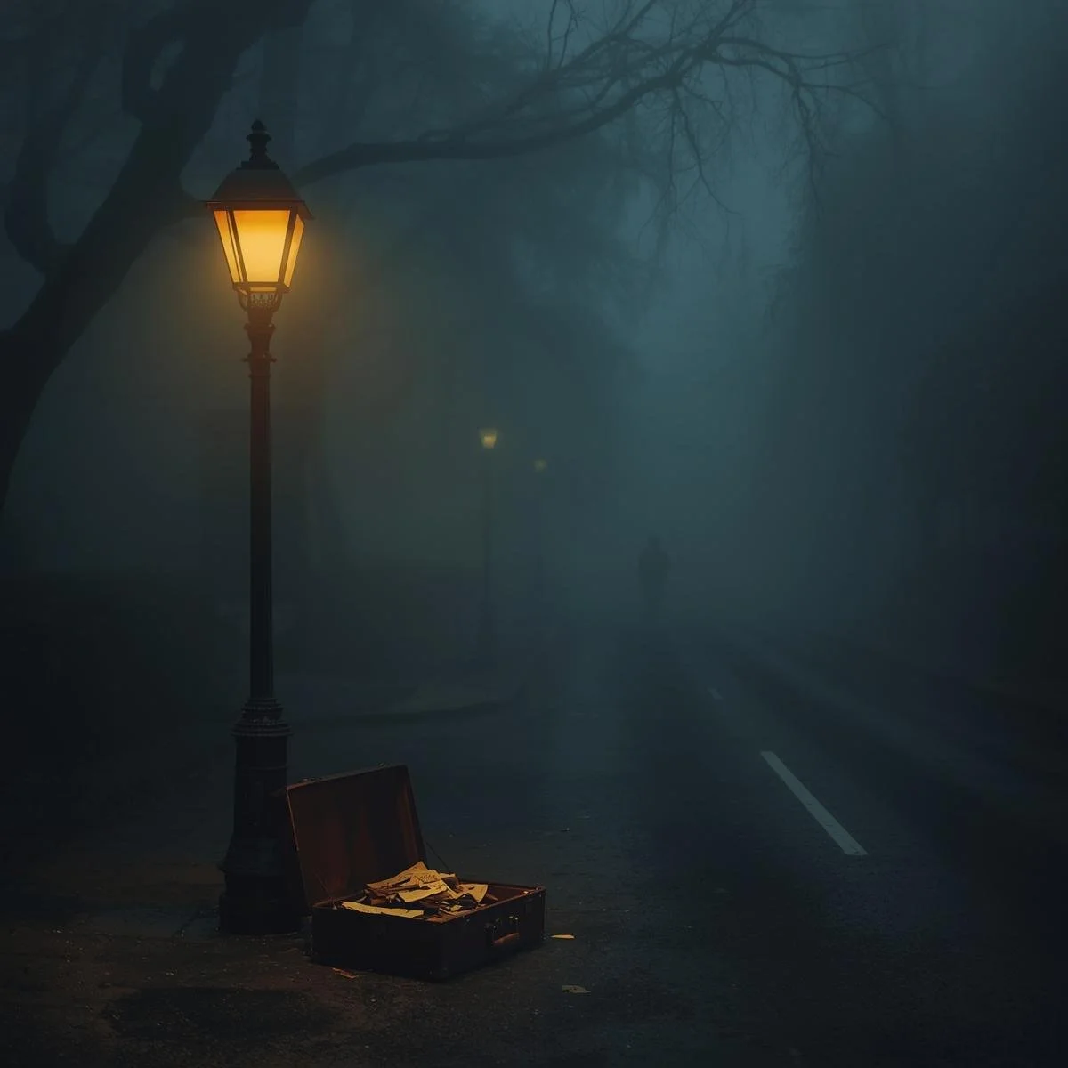 A foggy street at midnight with one flickering lamppost. Beneath it sits an old leather suitcase, half-open with papers scattering into the mist. A faint human silhouette is barely visible further down the road..jpg
