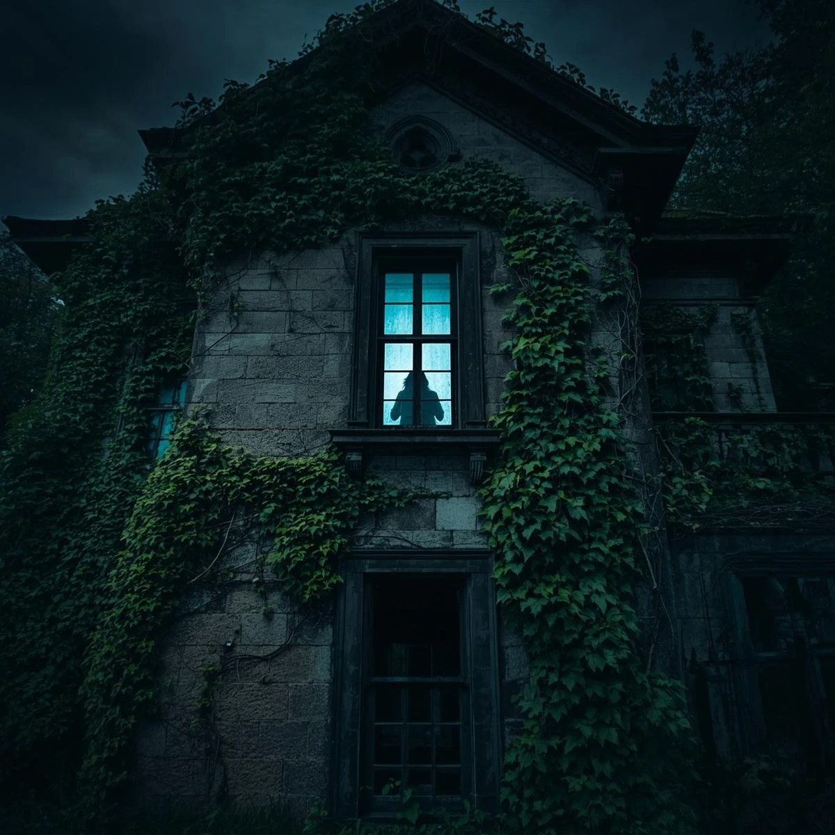 A boarded-up Victorian mansion, ivy climbing the cracked stone. The upstairs window glows faintly blue, even though the rest of the house is in darkness. A shadowy figure presses against the glass from inside..jpg