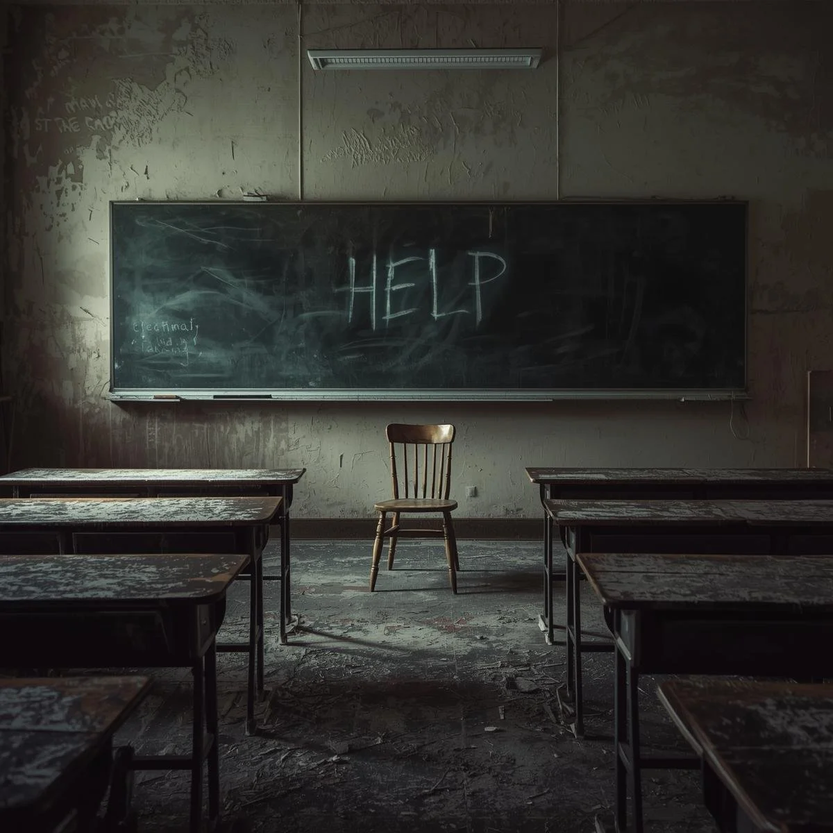 A classroom frozen in time — dusty desks, peeling paint, and a chalkboard with faint writing that reads “HELP” even though no chalk is nearby. A lone desk chair has been pulled into the middle of the room. paranorm.jpg
