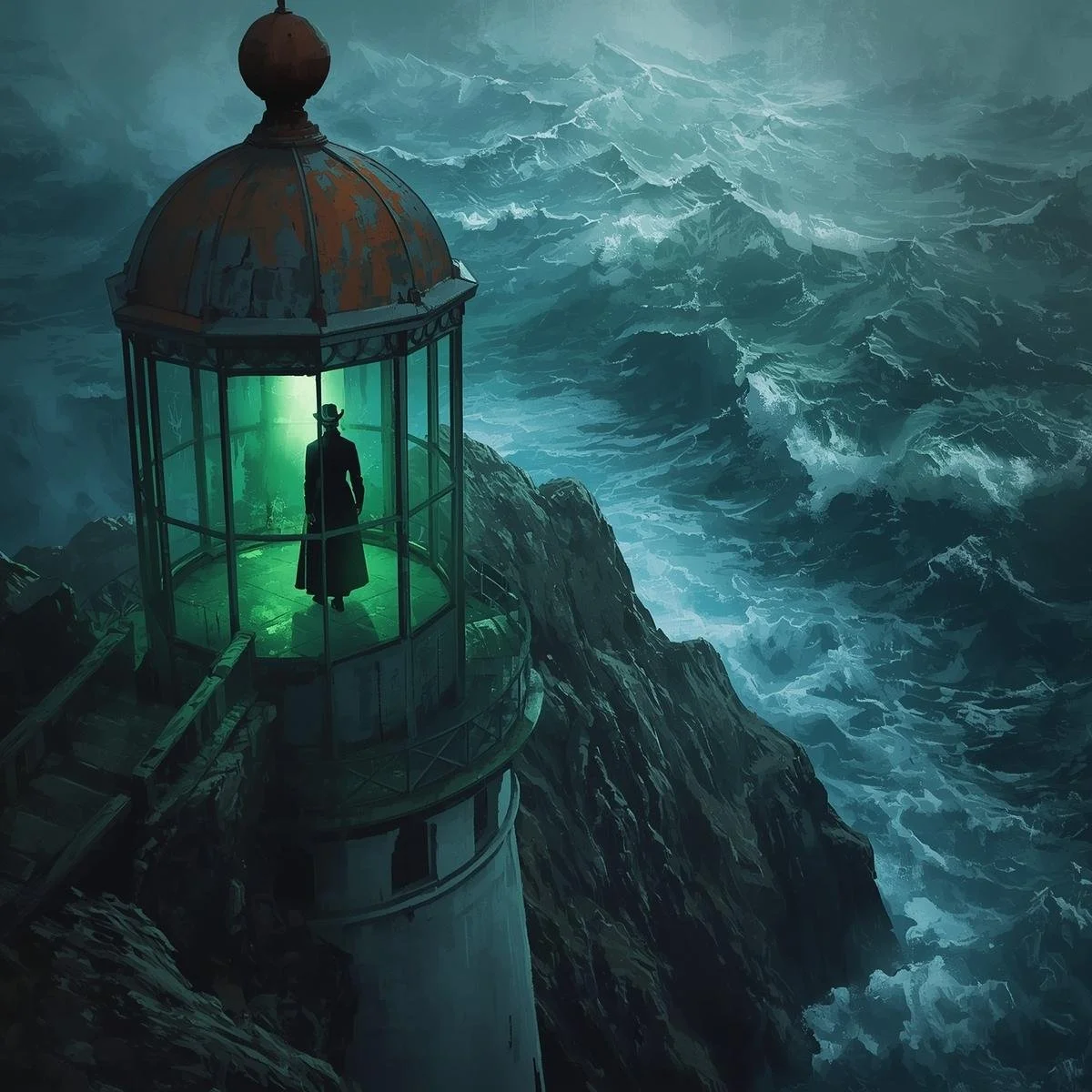 A storm-lashed lighthouse perched on a rocky cliff. The lamp glows an unnatural green, casting strange reflections across the raging waves. Inside the lantern room, a figure in old-fashioned clothes stands facing t.jpg