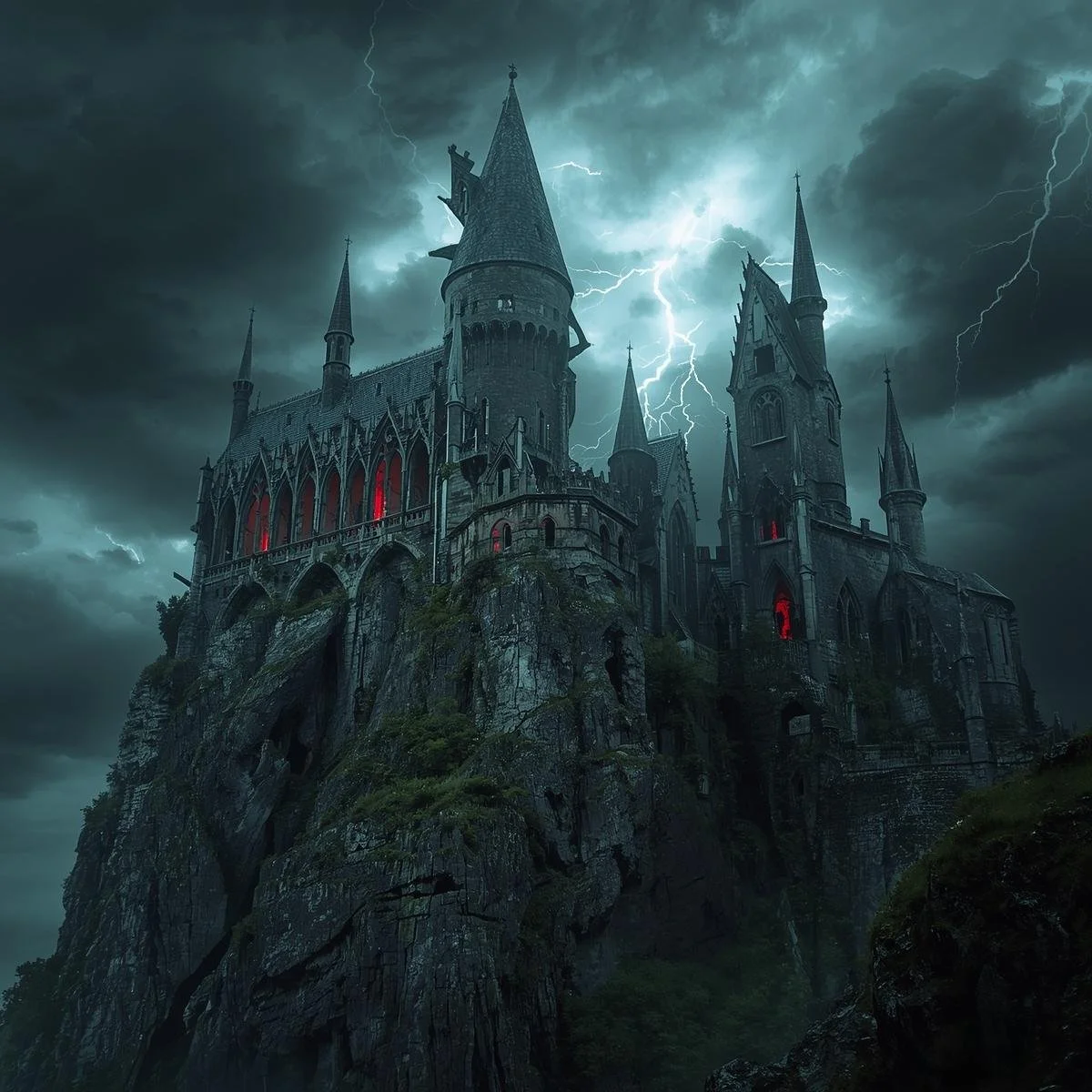 A crumbling castle perched high on jagged cliffs, lightning illuminating storm clouds behind it, windows glowing faint red light, gothic spires twisted and broken, dark fantasy aesthetic..jpg