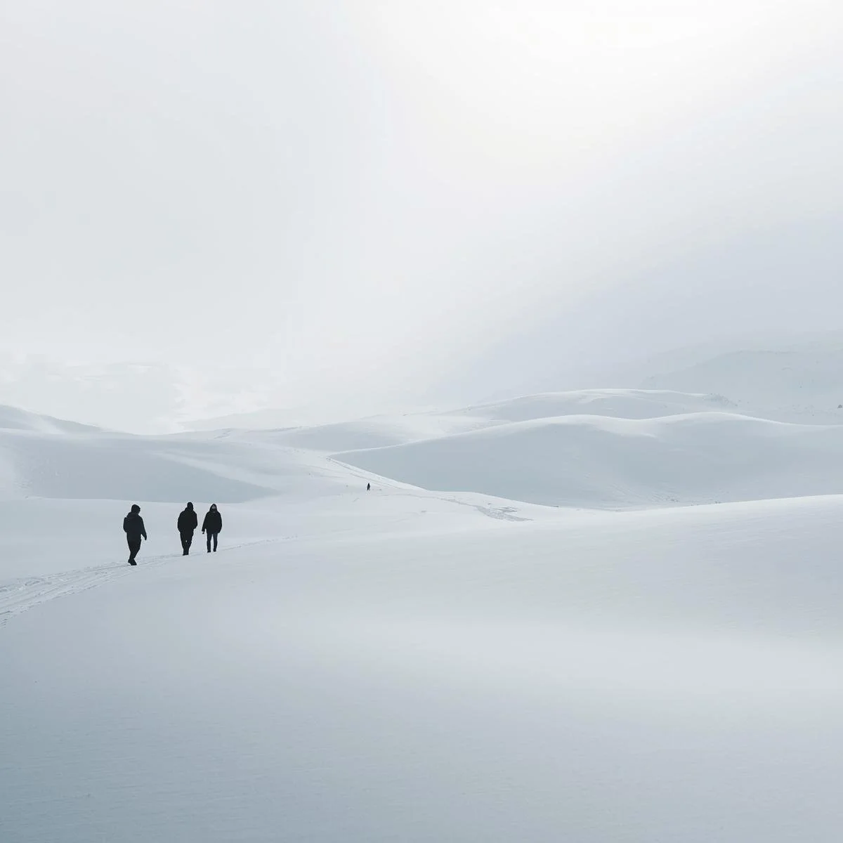 A vast snowfield beneath a pale, frozen sky. A 3 figures trudges through the deep the endless white snow. Colours_ icy whites, silvers, pale blues, one vivid red. Lighting_ soft, bleak..jpg