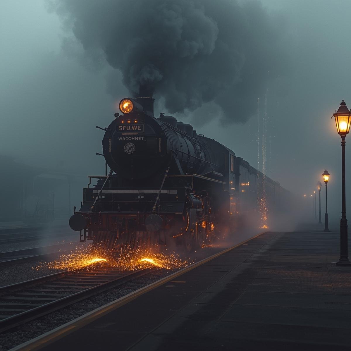 A massive black-and-brass train roars through a foggy station, sparks flying from its wheels. The platform is empty except for glowing lamps. Colours_ brass, coal black, fiery orange sparks. Lighting_ harsh lantern.jpg