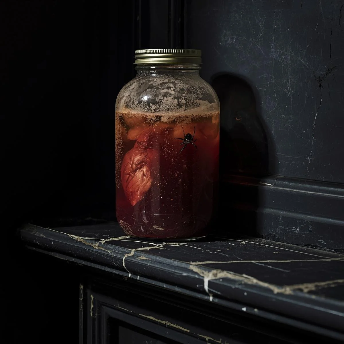 A glass jar filled with murky liquid rests on a cracked mantelpiece, with what looks like a preserved human heart inside. A spider crawls across the jar._Colours_ crimson, cloudy glass, soot-black._Lighting_ dim fi.jpg