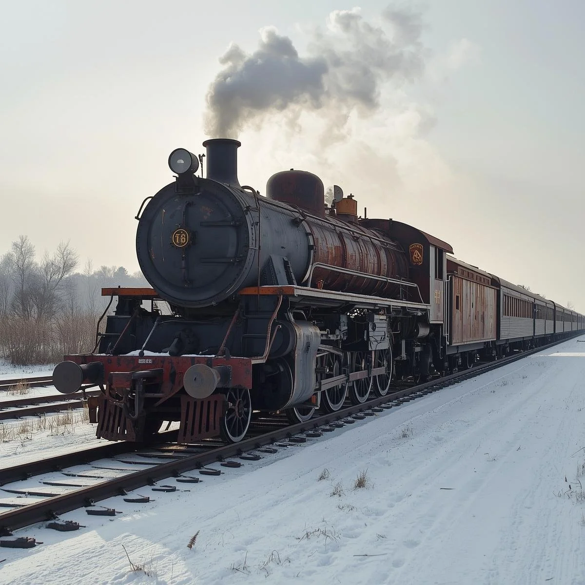 A rusted steam train frozen on the tracks, smoke rising weakly into the frozen air._Colours_ iron black, rust red, icy white._Lighting_ pale winter sun reflecting on snow..jpg