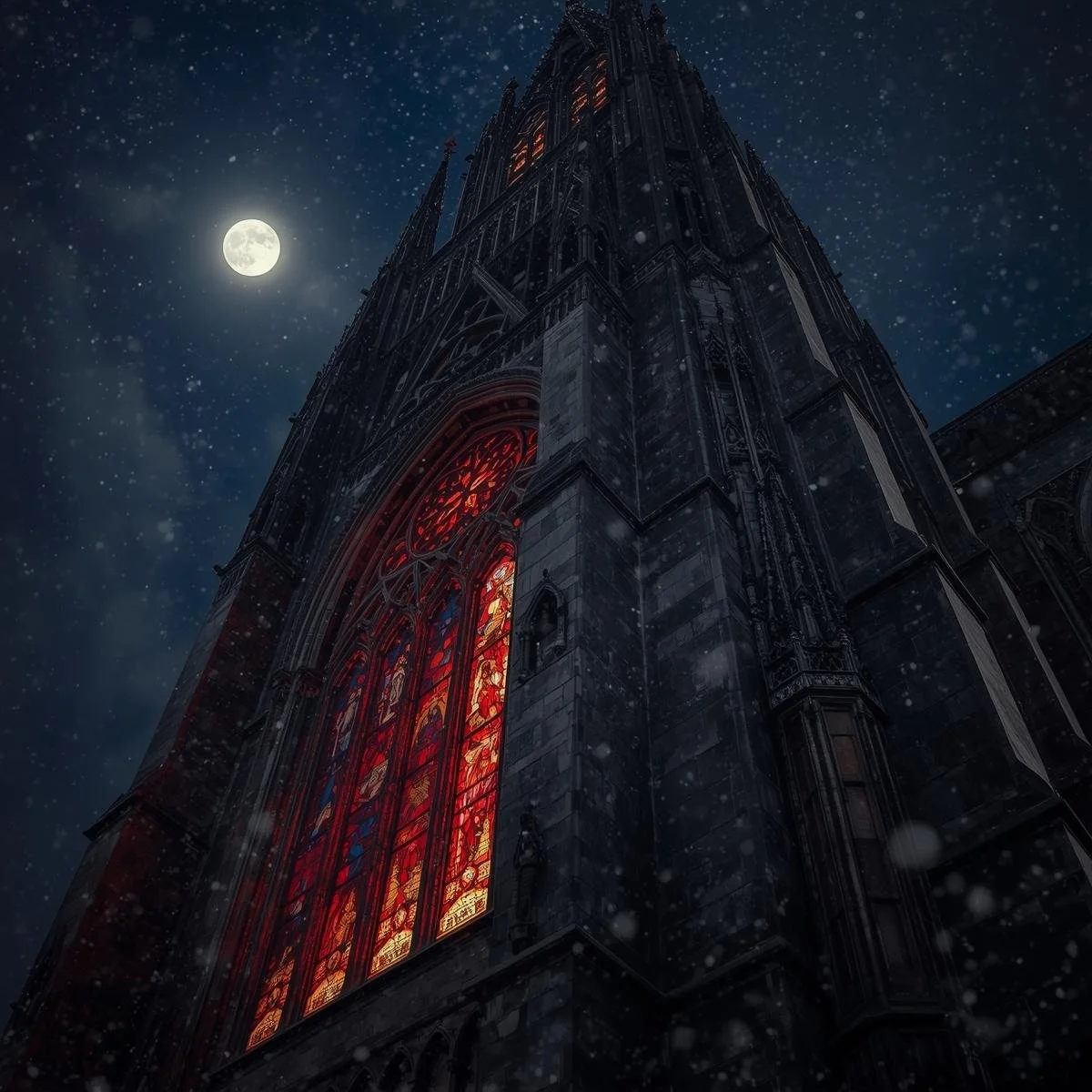 The Gothic Christmas Church – A towering gothic cathedral at night, its windows glowing crimson and gold with candlelight. Snowflakes swirl against dark stone walls._Colours_ deep grey stone, blood-red glass, flick.jpg