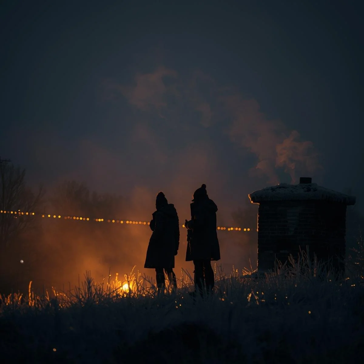 Rooftop Encounter – Two silhouetted figures on a frosty rooftop, Christmas lights glowing faintly behind them. Steam rises from a nearby chimney._Colours_ black silhouettes, warm gold lights, silvery frost_Lighting.jpg