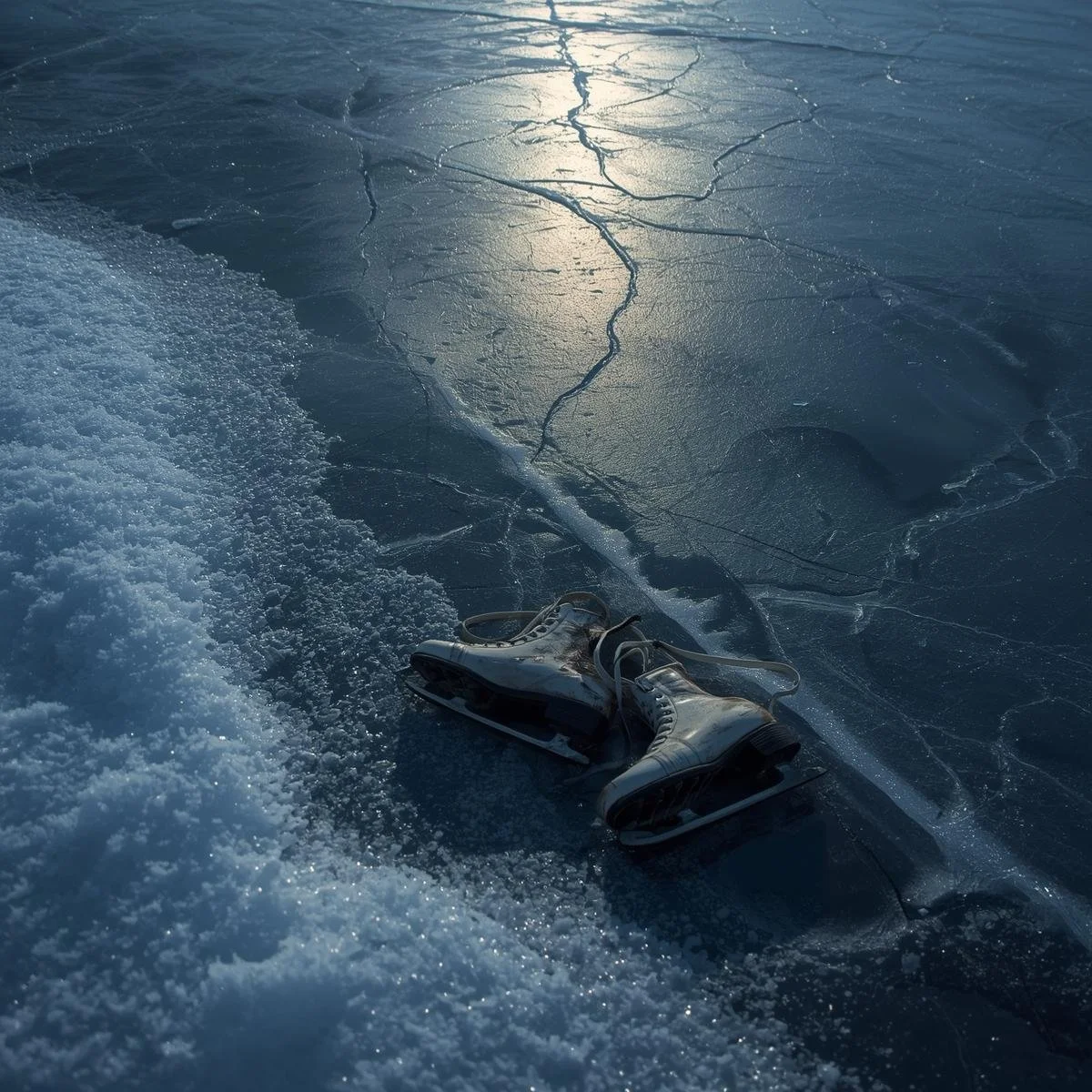 Frozen Lake with Skates – A frozen lake under moonlight, with a pair of skates abandoned on the ice. Snow drifts cover faint cracks in the surface._Colours_ icy blue, silver-white, shadowy black_Lighting_ pale moon.jpg