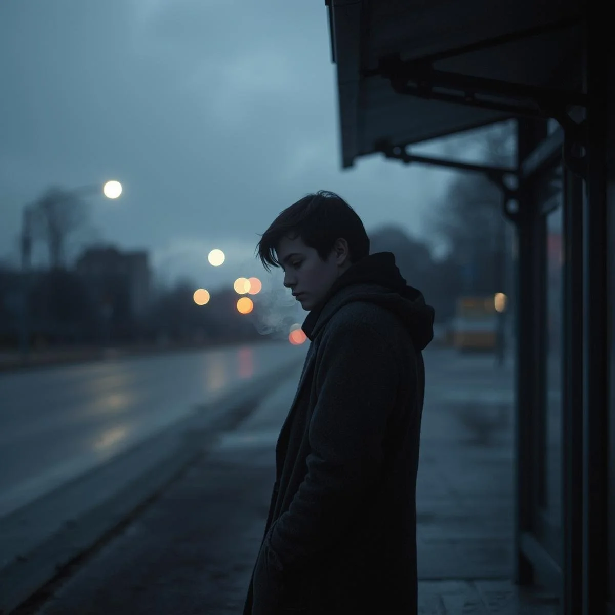 A lone teenager standing at a bus stop before sunrise, breath visible in the air, coat pulled tight.__Style_ cinematic realism, shallow depth of field_Colour palette_ charcoal grey, icy blue, desaturated amber high.jpg