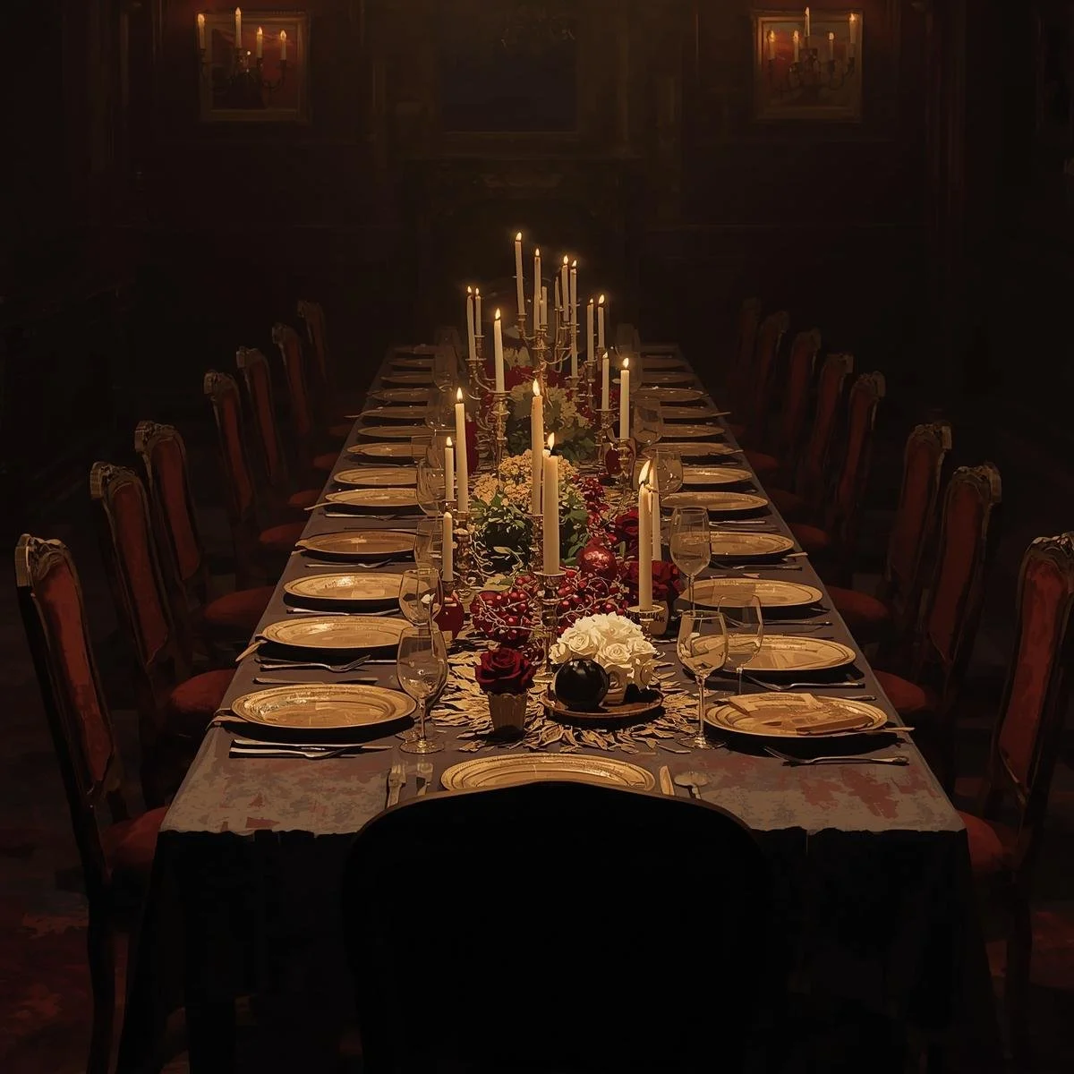 A long banquet table after a New Year’s celebration, plates untouched, candles burned low, chairs slightly pulled back — except one chair at the head of the table that is empty and pushed far away, as if someone ha.jpg